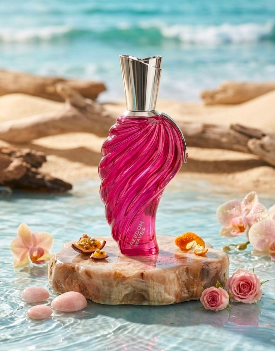Freedom Waves de la marca Mirada (un Eau de Parfum para mujer. Destaca por ser un aroma sumamente dulce, juvenil y vibrante, ideal para quienes disfrutan de acordes acaramelados, afrutados y profundos.