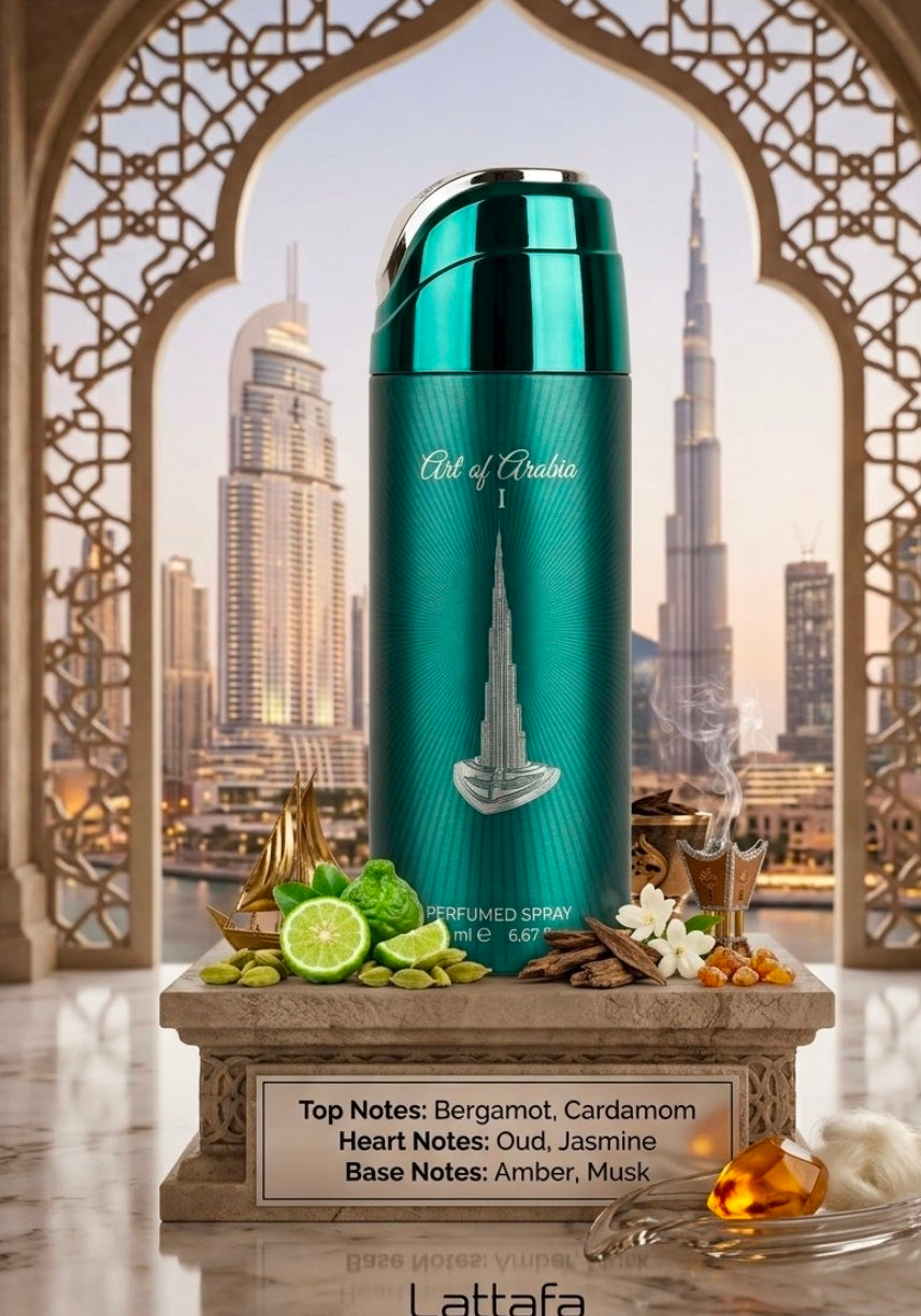 Lattafa Art of Arabia I Perfumed Spray (200 ml) es un body spray unisex premium que captura la esencia del lujo moderno y la tradición del Medio Oriente en una fragancia fresca, cítrica y profundamente mística.