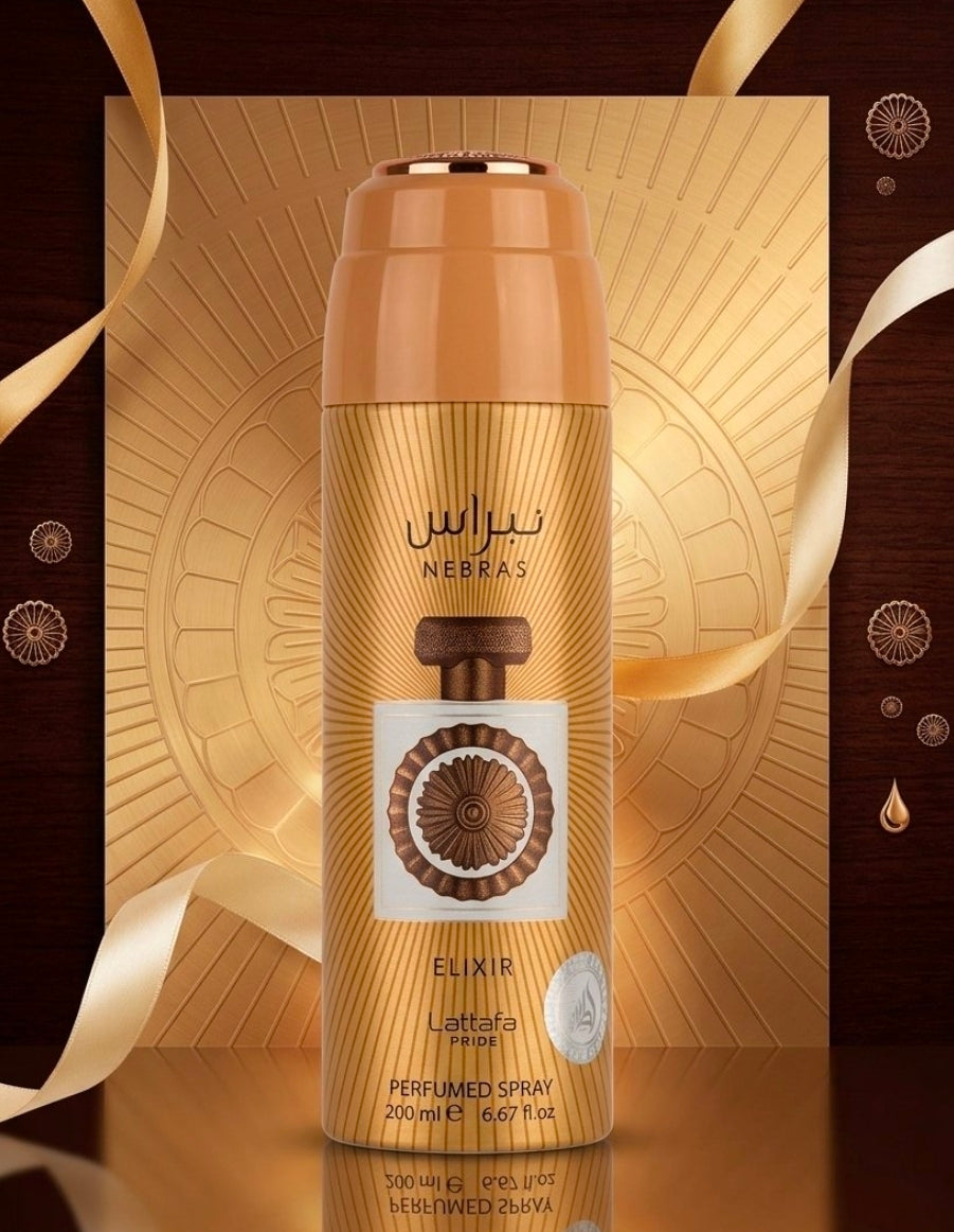 Lattafa Nebras Elixir Perfumed Spray (200 ml), una fragancia árabe muy popular.  Su aroma es cálido, cremoso y resalta mucho por sus notas de chocolate y vainilla.