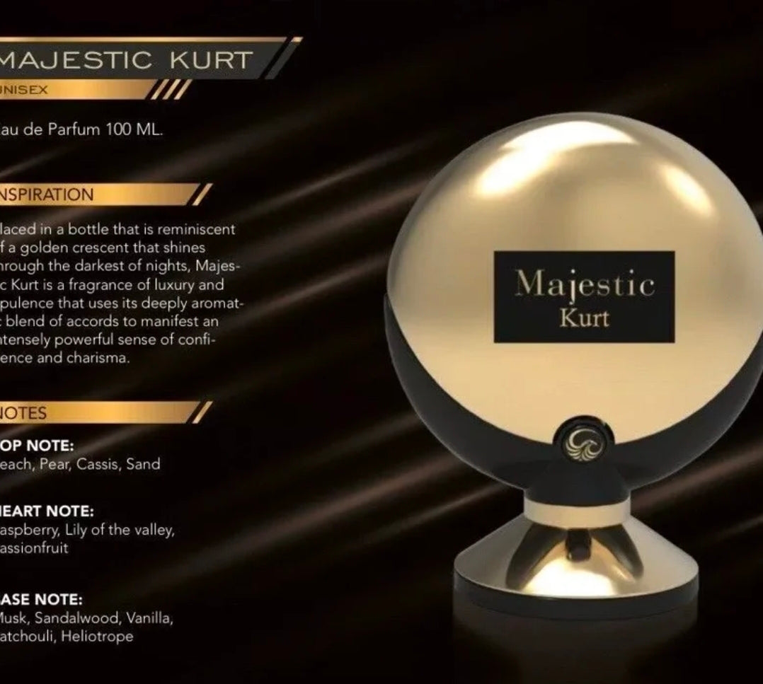 El perfume Majestic Kurt de la casa Le Falcone es una fragancia de la familia oriental-frutal, conocida por su aroma dulce, jugoso y sofisticado.Muchos amantes de la perfumería lo describen como un aroma cremoso, adictivo y con un estilo elegante y lujoso