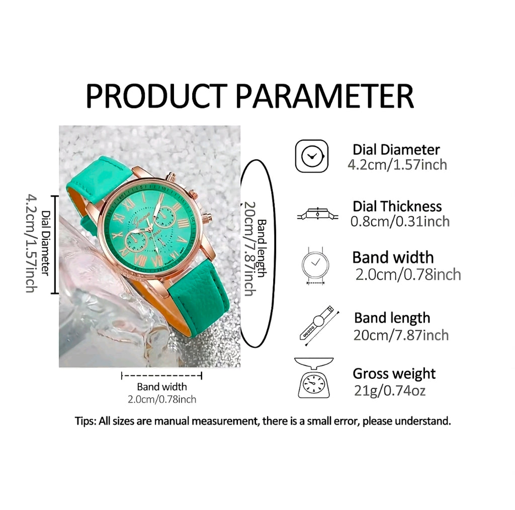 Ocho relojes de pulsera, Correa de cuero sintético (PU) con un acabado mate suave.Fabricadas completamente en silicona líquida o goma elástica de alta densidad, lo que les confiere un acabado liso, flexible y resistente al sudor o salpicaduras leves.