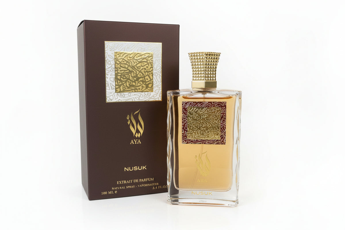 Aya" de la marca Nusuk, un extracto de perfume de 100 ml (3.4 Fl. Oz.)Notas, Bergamota de Calabria y Bergamota siciliana (aportan una vibrante frescura cítrica).Lavanda y Jazmín (añaden una elegancia floral clásica y limpia).100% Original