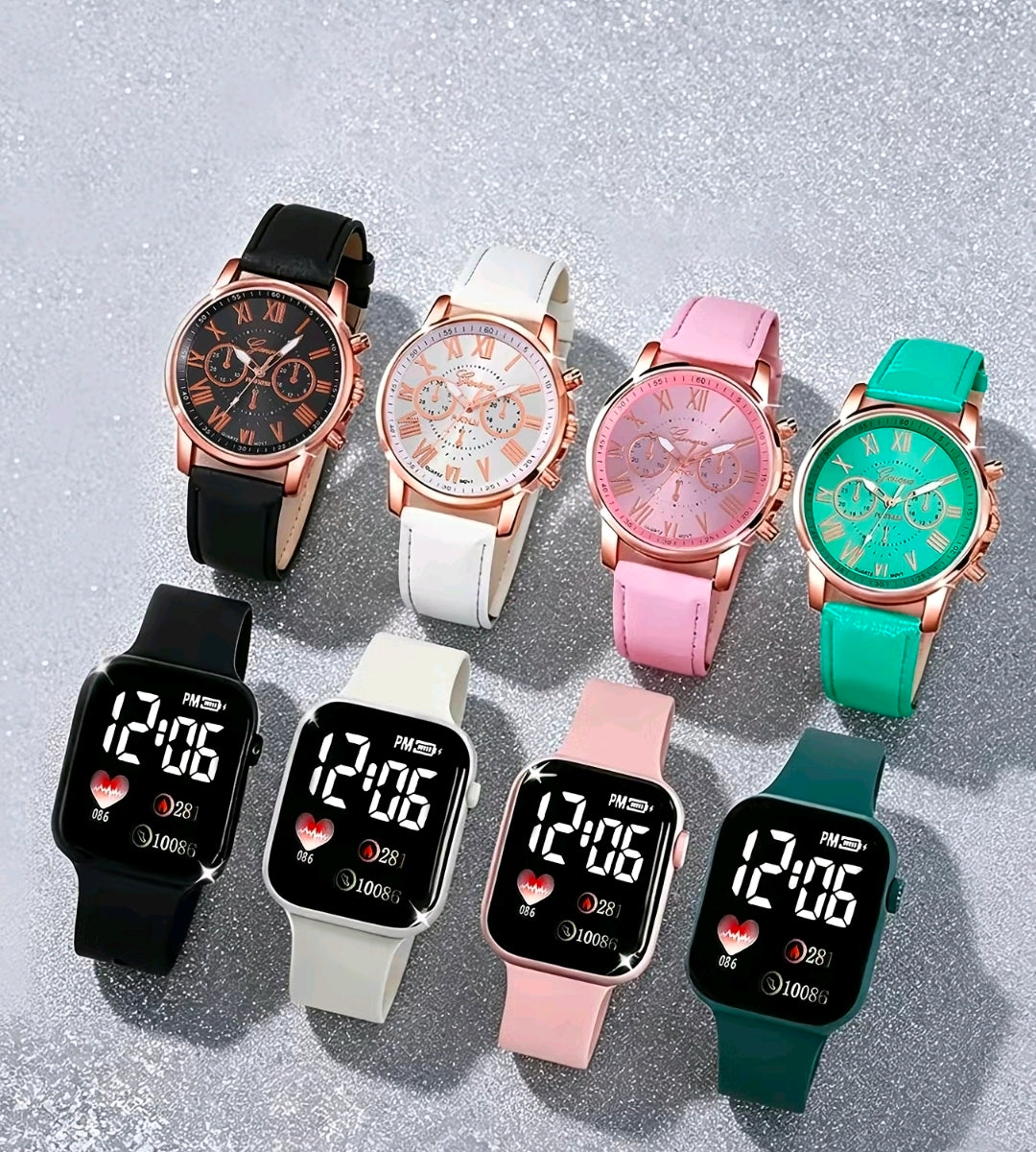 Ocho relojes de pulsera, Correa de cuero sintético (PU) con un acabado mate suave.Fabricadas completamente en silicona líquida o goma elástica de alta densidad, lo que les confiere un acabado liso, flexible y resistente al sudor o salpicaduras leves.