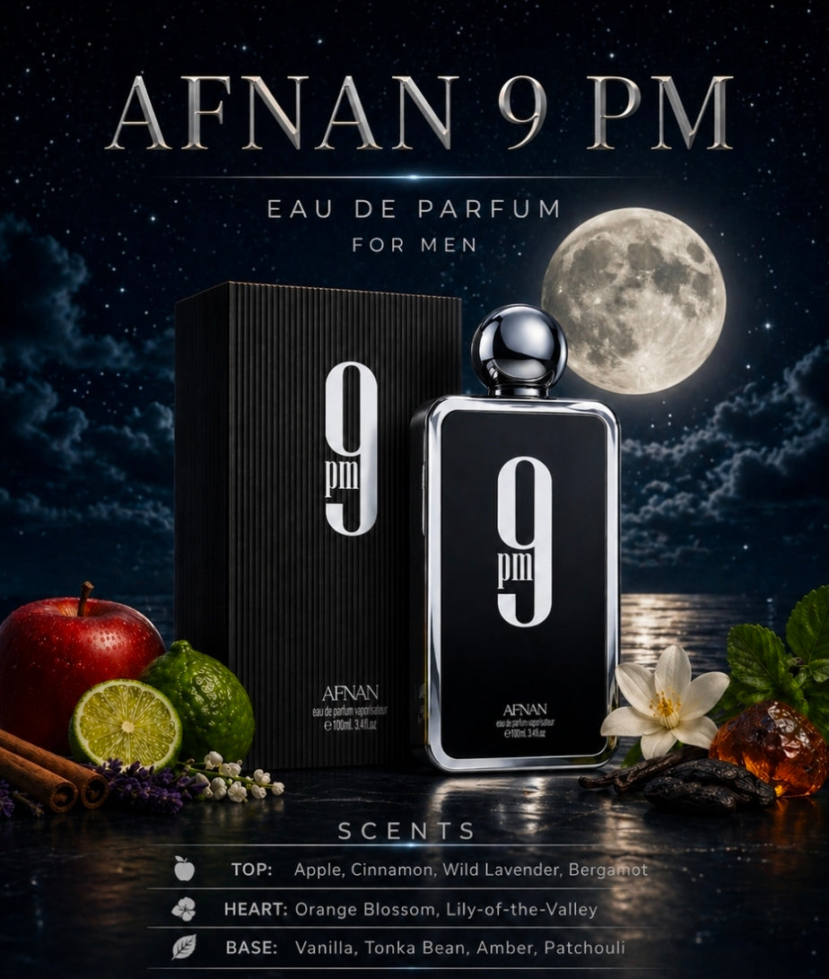 Afnan 9 PM, una fragancia de la familia olfativa Oriental Vainilla conocida por su perfil aromático dulce, cálido, seductor y marcadamente nocturno.100% Original.