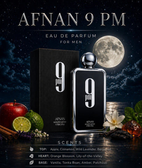 Afnan 9 PM, una fragancia de la familia olfativa Oriental Vainilla conocida por su perfil aromático dulce, cálido, seductor y marcadamente nocturno.100% Original.