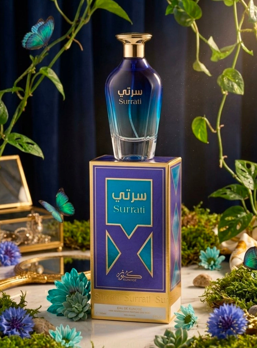 Kunooz Surrati Unisex Eau de Parfum es conocido por ser una fragancia inspirada en el perfil aromático de Erba Gold de Xerjoff. Su composición se caracteriza por una mezcla intensamente cítrica, frutal y especiada