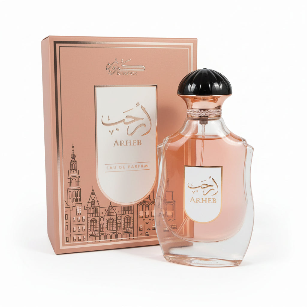 Arheb de Kunooz (Eau de Parfum, 100 ml) El perfume se abre con una sensación frutal, jugosa y chispeante gracias a la pera. Al asentarse, se transforma en un bouquet de flores blancas elegantes (iris y jazmín) y concluye con una base intensamente dulce.