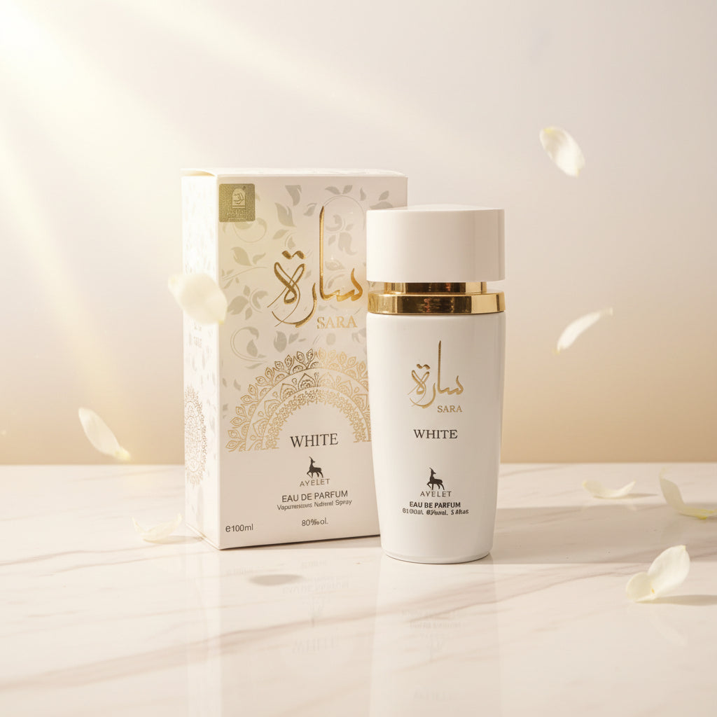 Sara White de la marca Ayelet. Es una fragancia diseñada para mujer que pertenece al popular mundo de la perfumería de inspiración árabe (producida en Dubái)