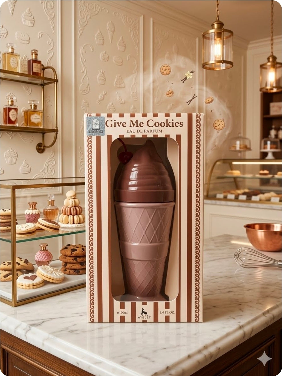 Give Me Cookies de la marca Ayelet, una fragancia ultra-dulce y de tipo gourmand diseñada para oler exactamente como repostería recién horneada. Inspiración