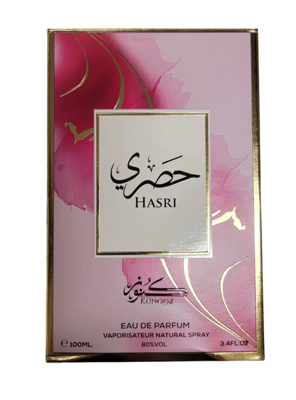 Hasri Eau de Parfum de la marca Kunooz (perteneciente a Zoghbi Parfums). Se trata de una fragancia árabe femenina en presentación de 100 ml (3.4 FL. OZ.), diseñada con un estilo dulce, floral y tropical.