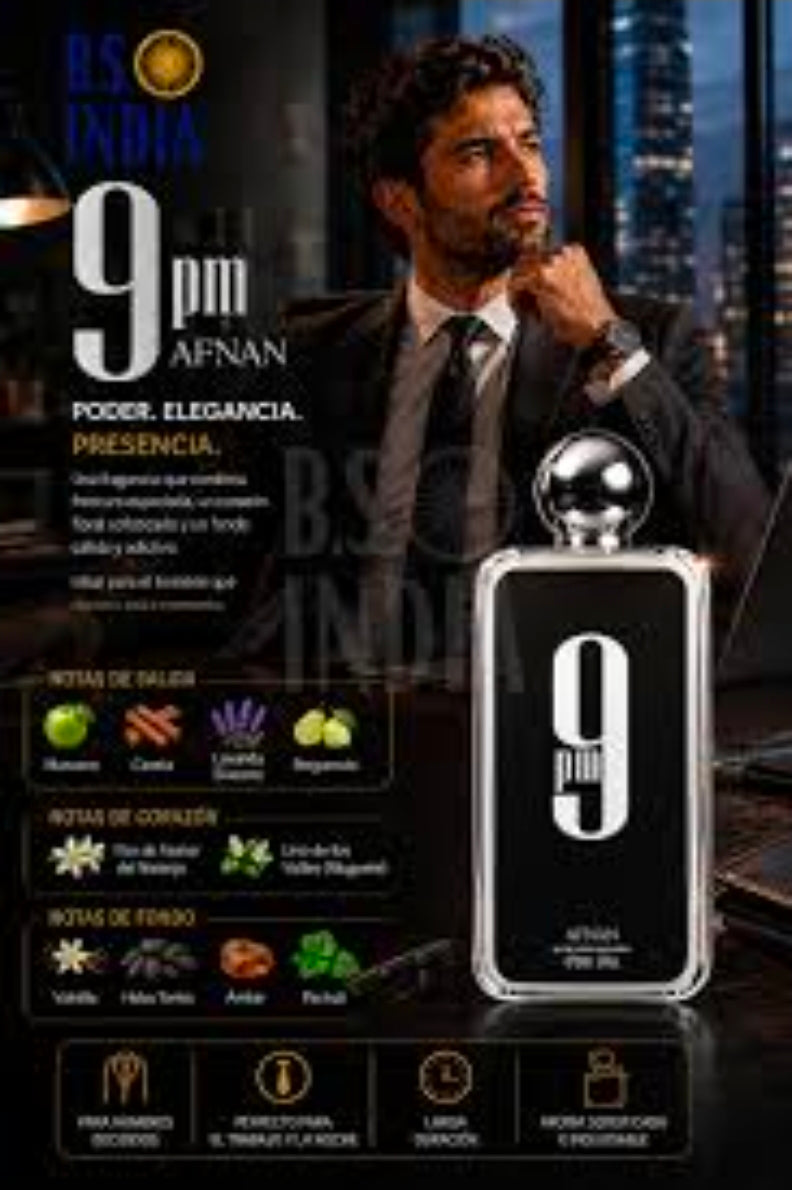 Afnan 9 PM, una fragancia de la familia olfativa Oriental Vainilla conocida por su perfil aromático dulce, cálido, seductor y marcadamente nocturno.100% Original.