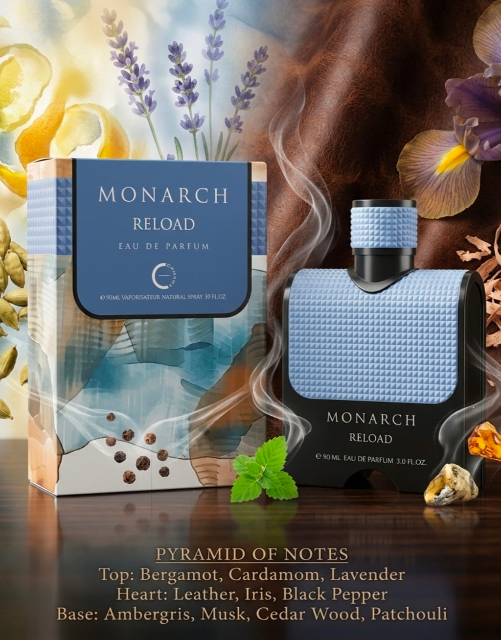 Monarch Reload de Camara Perfumes es un Eau de Parfum masculino de 90 ml que destaca por su carácter sofisticado, pulido y versátil. Esta fragancia árabe combina un ADN clásico fougère con giros modernos de cuero y especias. 100% Original.