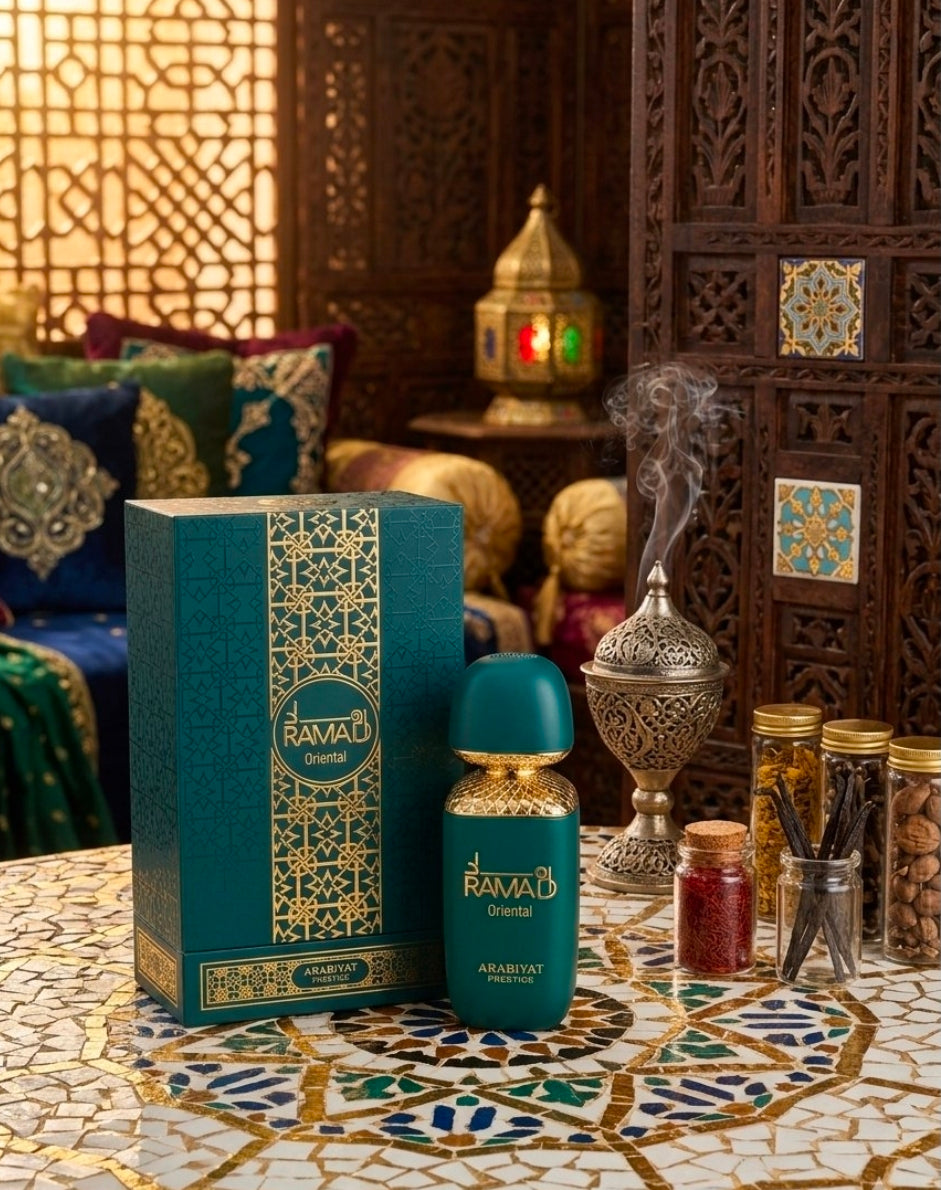 Ramad Oriental de la casa Arabiyat Prestige. Es una fragancia unisex de la familia olfativa Oriental Amaderada que destaca por su carácter cálido, especiado y resinoso.Azafrán, pachulí, comino, geranio y jazmín.