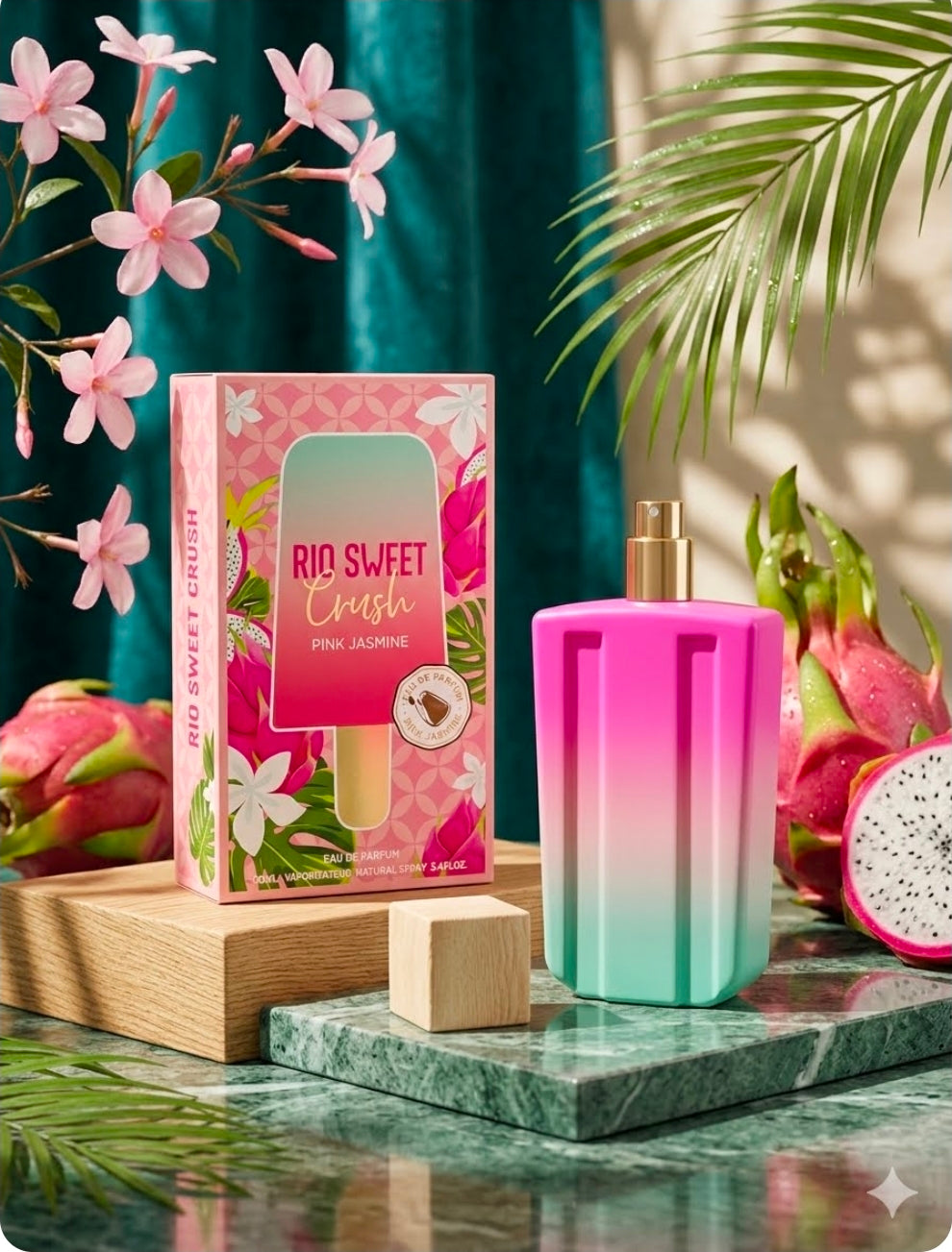 Rio Sweet Crush: Pink Jasmine es un perfume frutal y tropical con las siguientes notas principales:Salida: Pitahaya (fruta del dragón) y lichi.Corazón: Jazmín brasileño y notas marinas.Fondo: Vainilla y almizcle solar. Inspiración