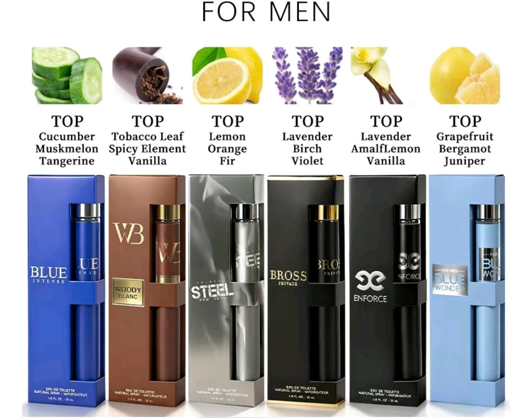 Inspiration by Top Designer Fragrances - Travel Perfume". Consiste en un juego de fragancias masculinas tipo Eau de Toilette presentadas en atomizadores portátiles en formato de tubo (viales de viaje) de 1.18 fl oz (35 ml) cada uno. Inspiración