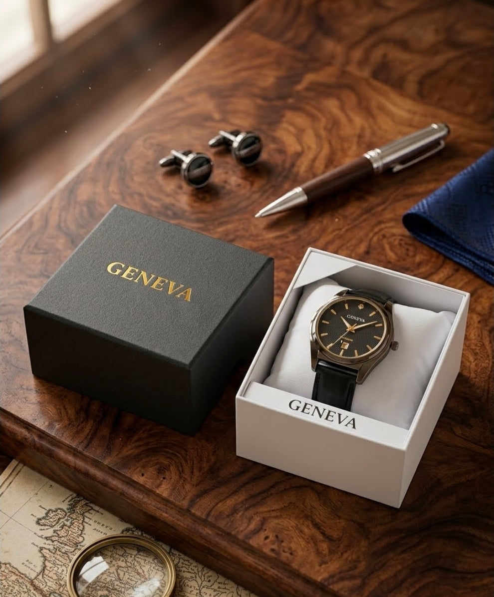 Reloj analógico de cuarzo para hombre de la marca Geneva, diseñado como un accesorio de vestir elegante y de costo accesible.