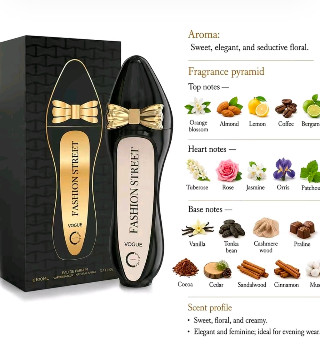 Fashion Street Vogue de Camara Perfumes es un Eau de Parfum de 100 ml,  diseñado exclusivamente para mujeres. Es un aroma de la familia Floral Gourmand, ideal para mujeres que disfrutan de combinaciones dulces, sensuales y cremosas. 100 % Original.