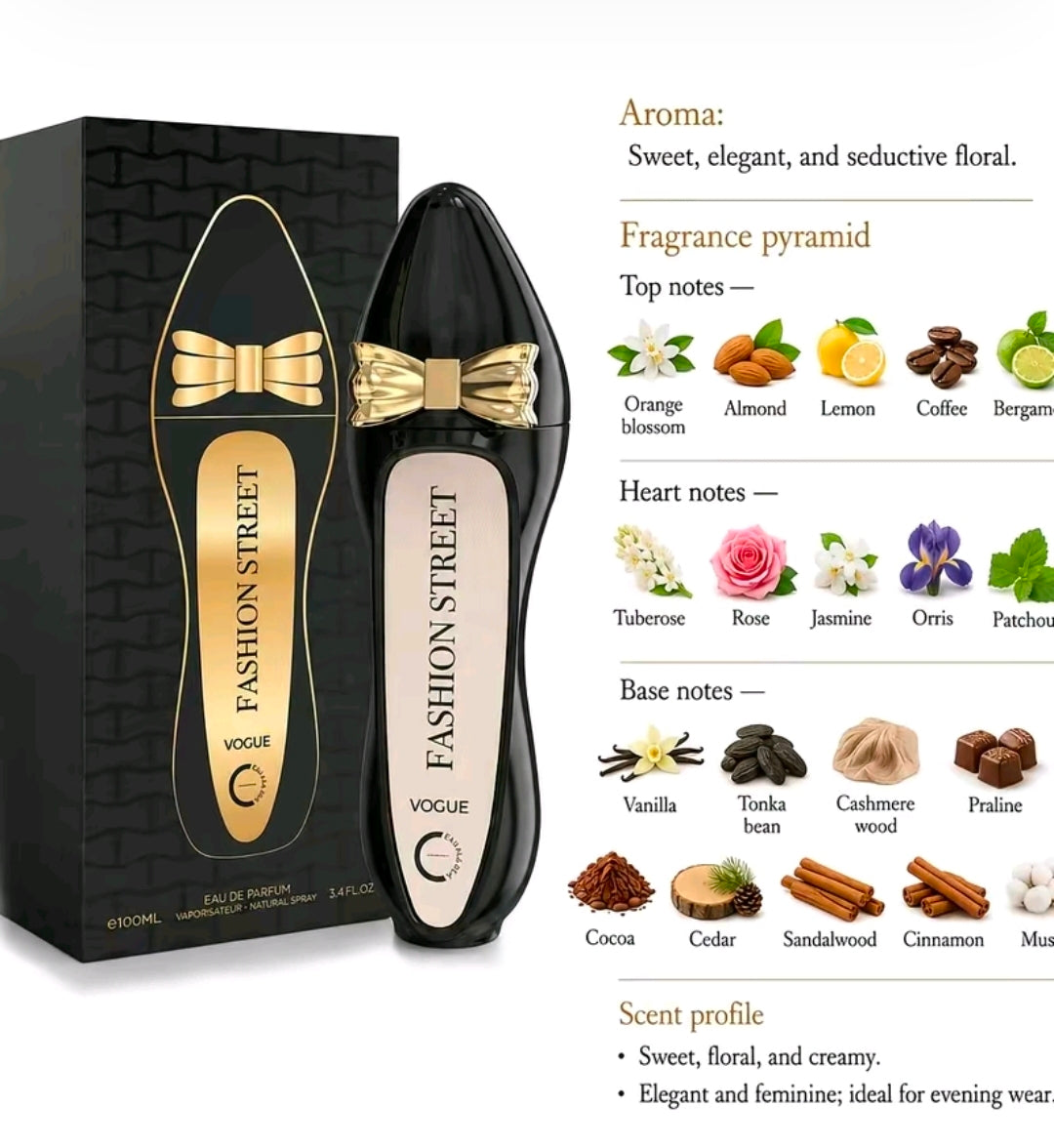 Fashion Street Vogue de Camara Perfumes es un Eau de Parfum de 100 ml,  diseñado exclusivamente para mujeres. Es un aroma de la familia Floral Gourmand, ideal para mujeres que disfrutan de combinaciones dulces, sensuales y cremosas. 100 % Original.
