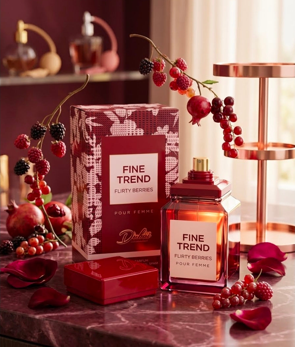 Fine Trend Flirty Berries Pour Femme de la marca Dubai Essences. Es una fragancia que destaca por ser profundamente frutal, dulce y seductora, con una estructura olfativa muy inspirada en acordes de cerezas intensas y licores finos. Inspiración