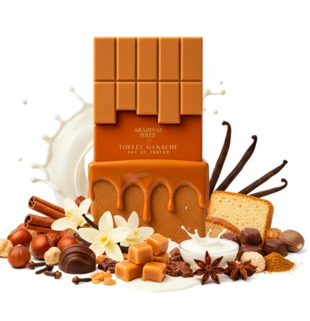Arabiyat Sugar Toffee Ganache, Aroma: Completamente dulce, especiado, lactónico y achocolatado. Al ser una fragancia densa y muy dulce, brilla de forma espectacular durante los climas fríos, días lluviosos, salidas nocturnas. Unisex ✨️