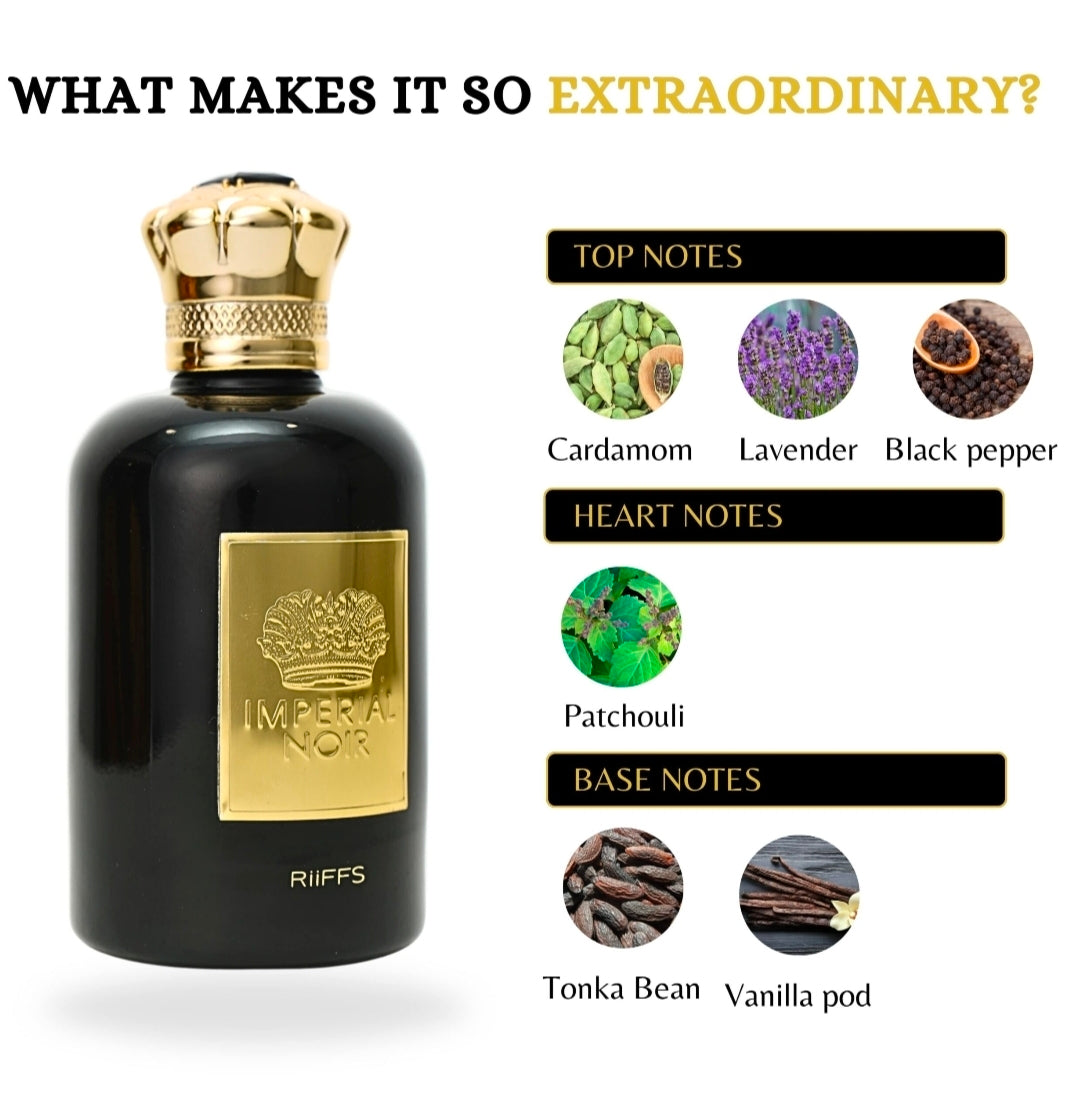 Imperial Noir de Riiffs (Eau de Parfum de 100 ml) Buscas un aroma que imponga presencia y deje una huella imborrable? RiiFFS Imperial Noir es una fragancia audaz y sofisticada creada para quienes caminan con confianza. Para hombre