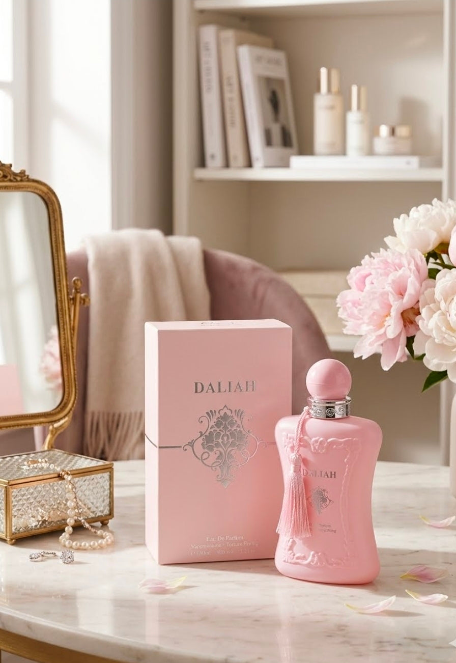 Daliah (Liah) Eau de Parfum, una fragancia árabe inspirada directamente en el perfil aromático del famoso perfume de lujo Delina de Parfums de Marly. Es una fragancia que destaca por ser muy femenina, juvenil y sofisticada, ideal uso diario. Inspiración.