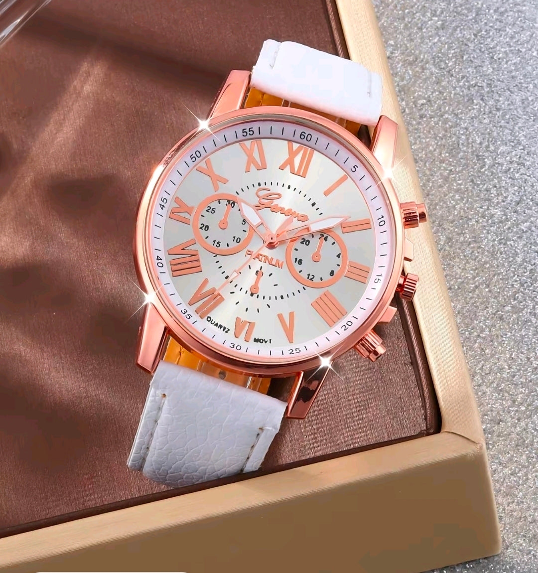Ocho relojes de pulsera, Correa de cuero sintético (PU) con un acabado mate suave.Fabricadas completamente en silicona líquida o goma elástica de alta densidad, lo que les confiere un acabado liso, flexible y resistente al sudor o salpicaduras leves.