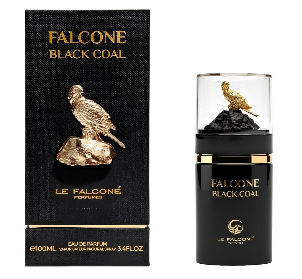 Le Falconé Black Coal, un Eau de Parfum de 100 ml. cálido, especiado, amaderado, ligeramente dulce y con un toque de cuero, dejando una sensación intensa y elegante. Para hombres.