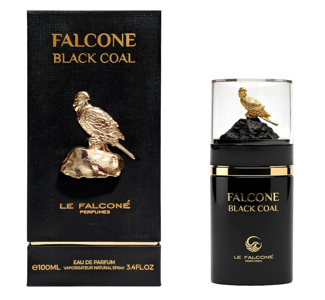 Le Falconé Black Coal, un Eau de Parfum de 100 ml. cálido, especiado, amaderado, ligeramente dulce y con un toque de cuero, dejando una sensación intensa y elegante. Para hombres.