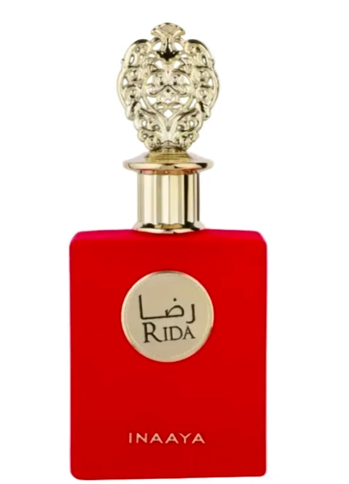 Inaaya Rida Red (Eau de Parfum) es una fragancia de origen árabe caracterizada por un perfil cálido, especiado, floral y balsámico, diseñada especialmente para destacar con sensualidad y elegancia. El nombre "Rida" evoca una sensación de paz inter
