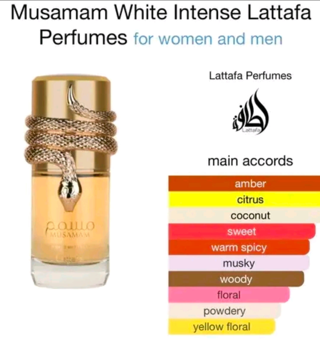 Musamam White Intense, otra creación muy destacada y lujosa de la casa Lattafa Perfumes. A diferencia del aroma a postre de Eclaire, este destaca por tener una composición cítrica, cremosa, tropical y amaderada.100% Original.