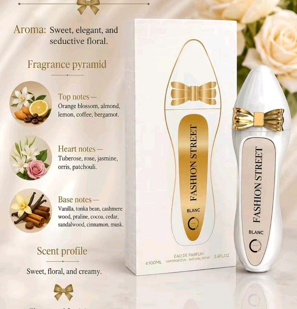 Fashion Street Blanc (Eau de Parfum para mujer, 100 ml) .      Es una fragancia versátil, sofisticada y limpia, ideal para el uso diario o para salidas especiales donde se busque proyectar delicadeza y elegancia. 100% Original.