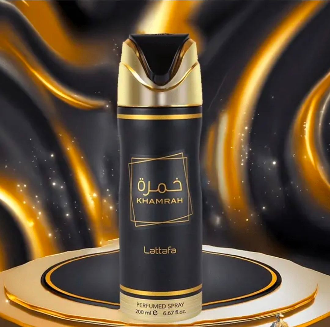 Lattafa Khamrah Perfumed Deodorant Spray para el cuerpo. Toques sumamente dulces y cremosos de praliné y dátiles, mezclados con ligeros matices florales de nardo y lirio de los valles.💖✨️