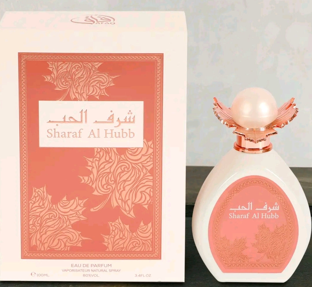 Sharaf Al Hubb Eau de Parfum (100 ml), Es una fragancia sofisticada y llamativa, ideal para ocasiones especiales, citas románticas o salidas nocturnas donde se busque dejar una estela memorable y elegante.100% Original arabe.