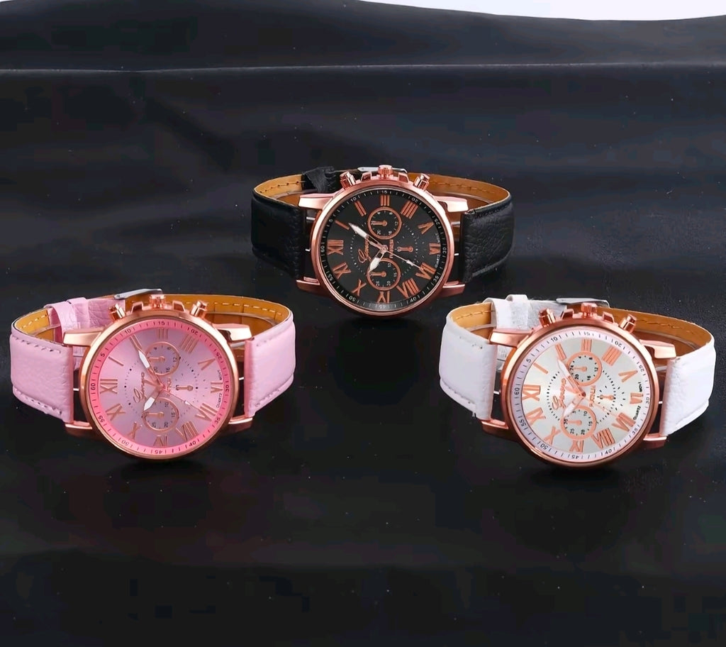 Ocho relojes de pulsera, Correa de cuero sintético (PU) con un acabado mate suave.Fabricadas completamente en silicona líquida o goma elástica de alta densidad, lo que les confiere un acabado liso, flexible y resistente al sudor o salpicaduras leves.