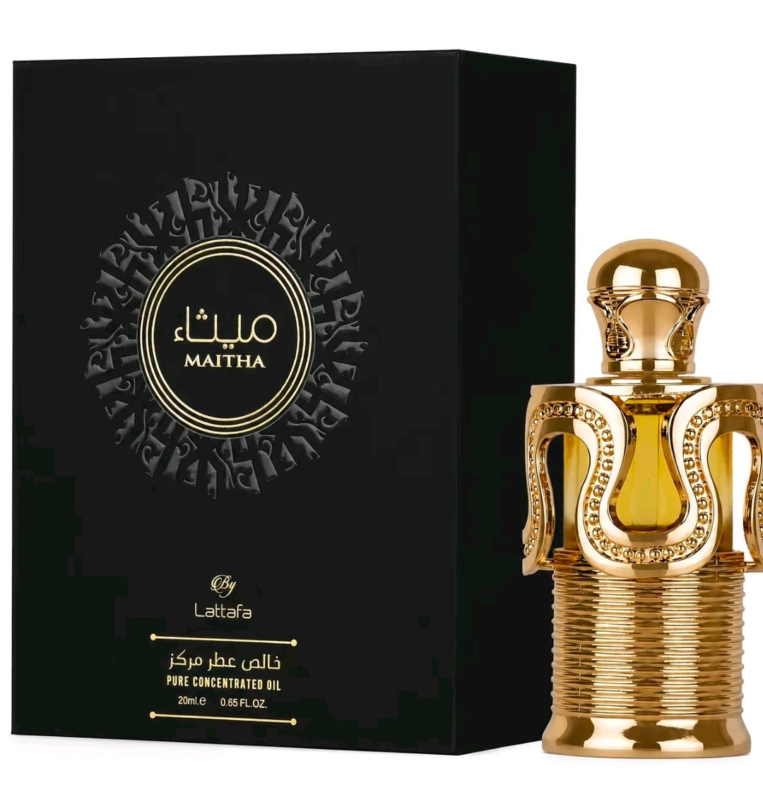 Attar Maitha (también conocido como Maitha Pure Concentrated Oil) de la casa Lattafa Perfumes.Su aroma destaca por ser puramente gourmand, dulce y sumamente reconfortante.Es una fragancia unisex. 100% Original.