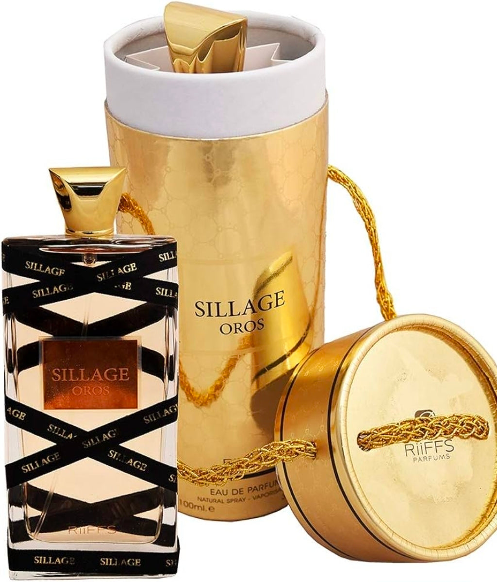 Sillage Oros de la casa RiiFFS Perfumes, Esta fragancia destaca por una evolución compleja que mezcla la frescura inicial con un fondo dulce y elegante.