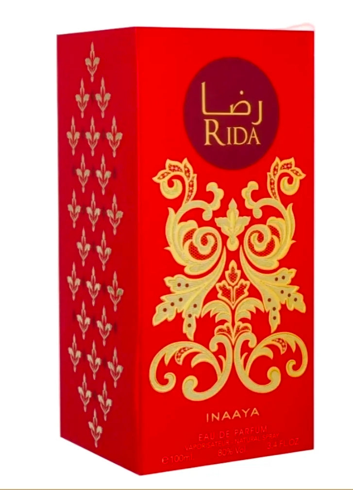 Inaaya Rida Red (Eau de Parfum) es una fragancia de origen árabe caracterizada por un perfil cálido, especiado, floral y balsámico, diseñada especialmente para destacar con sensualidad y elegancia. El nombre "Rida" evoca una sensación de paz inter