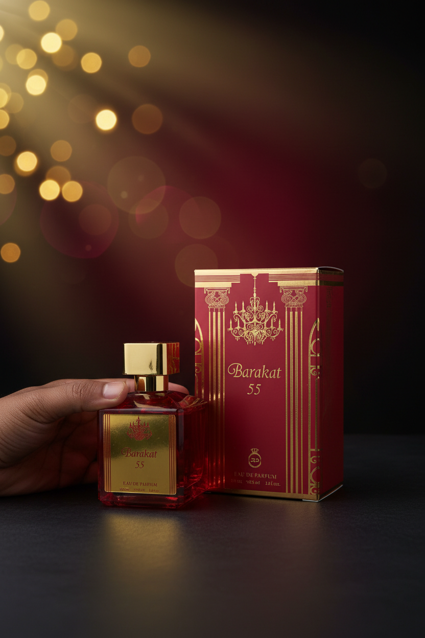 Barakat 55. Es una fragancia unisex muy popular que pertenece al mundo de la perfumería de inspiración árabe.