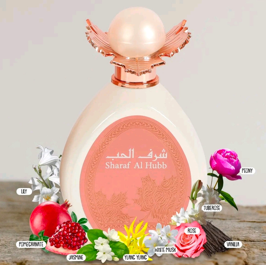 Sharaf Al Hubb Eau de Parfum (100 ml), Es una fragancia sofisticada y llamativa, ideal para ocasiones especiales, citas románticas o salidas nocturnas donde se busque dejar una estela memorable y elegante.100% Original arabe.
