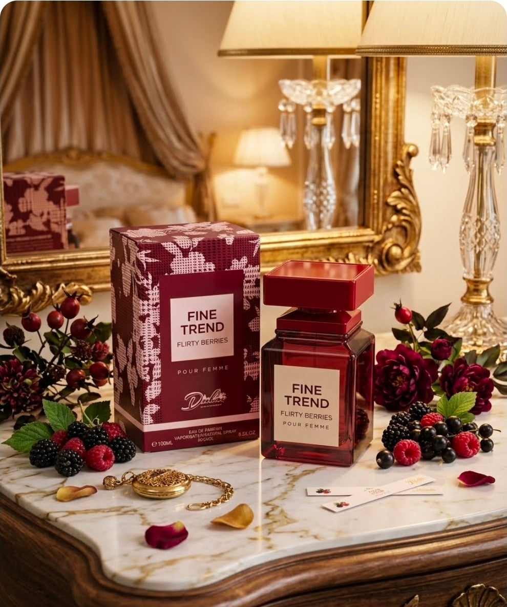 Fine Trend Flirty Berries Pour Femme de la marca Dubai Essences. Es una fragancia que destaca por ser profundamente frutal, dulce y seductora, con una estructura olfativa muy inspirada en acordes de cerezas intensas y licores finos. Inspiración