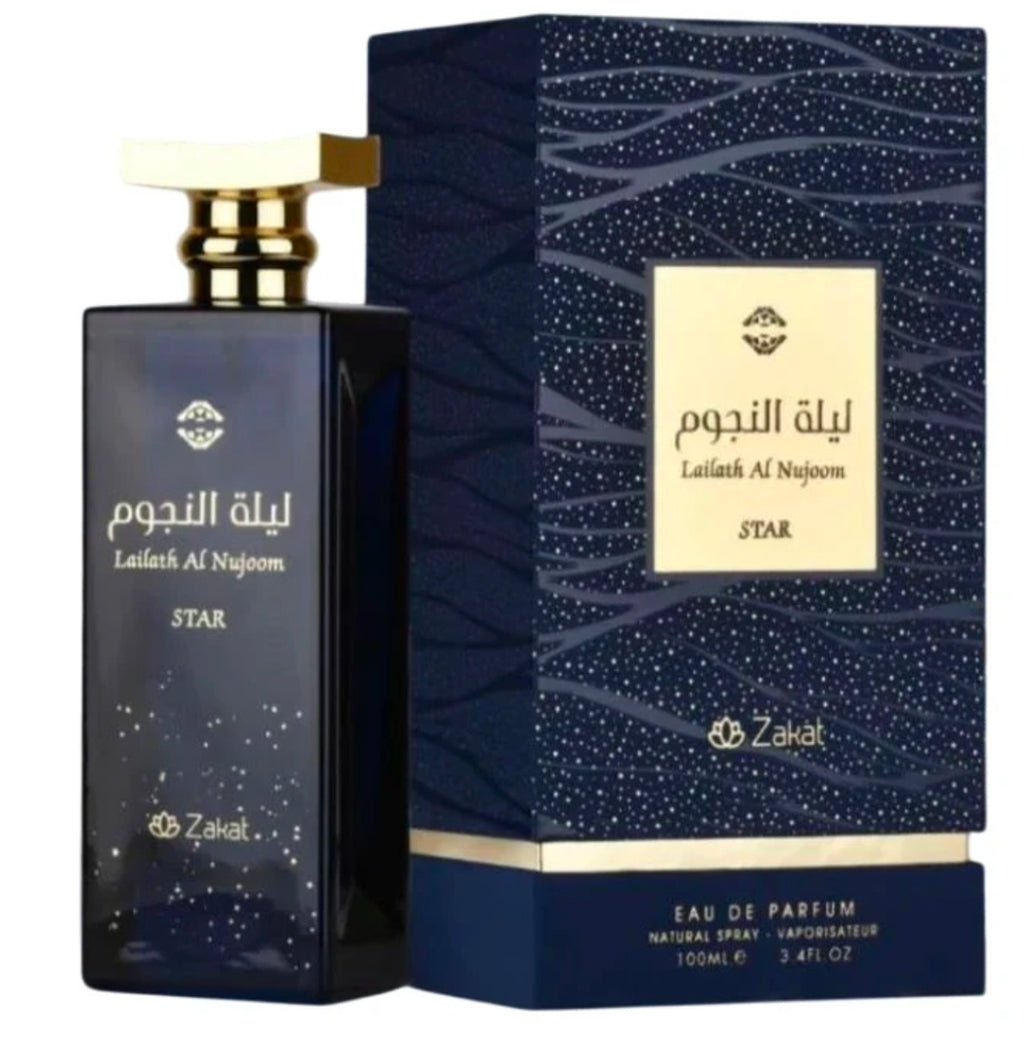 Lailath Al Nujoom Star de la casa Zakat (Zoghbi Parfums) es una fragancia árabe unisex de concentración.Su aroma equilibra toques afrutados refrescantes, especias exóticas y una base cálida, dulce e intensa.