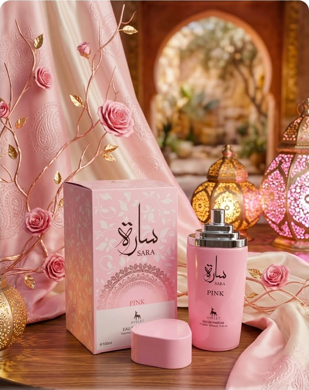 Sara Pink de la marca Ayelet. Es una fragancia catalogada como floral frutal gourmand con un perfil aromático dulce, cremoso y muy femenino. Inspiración