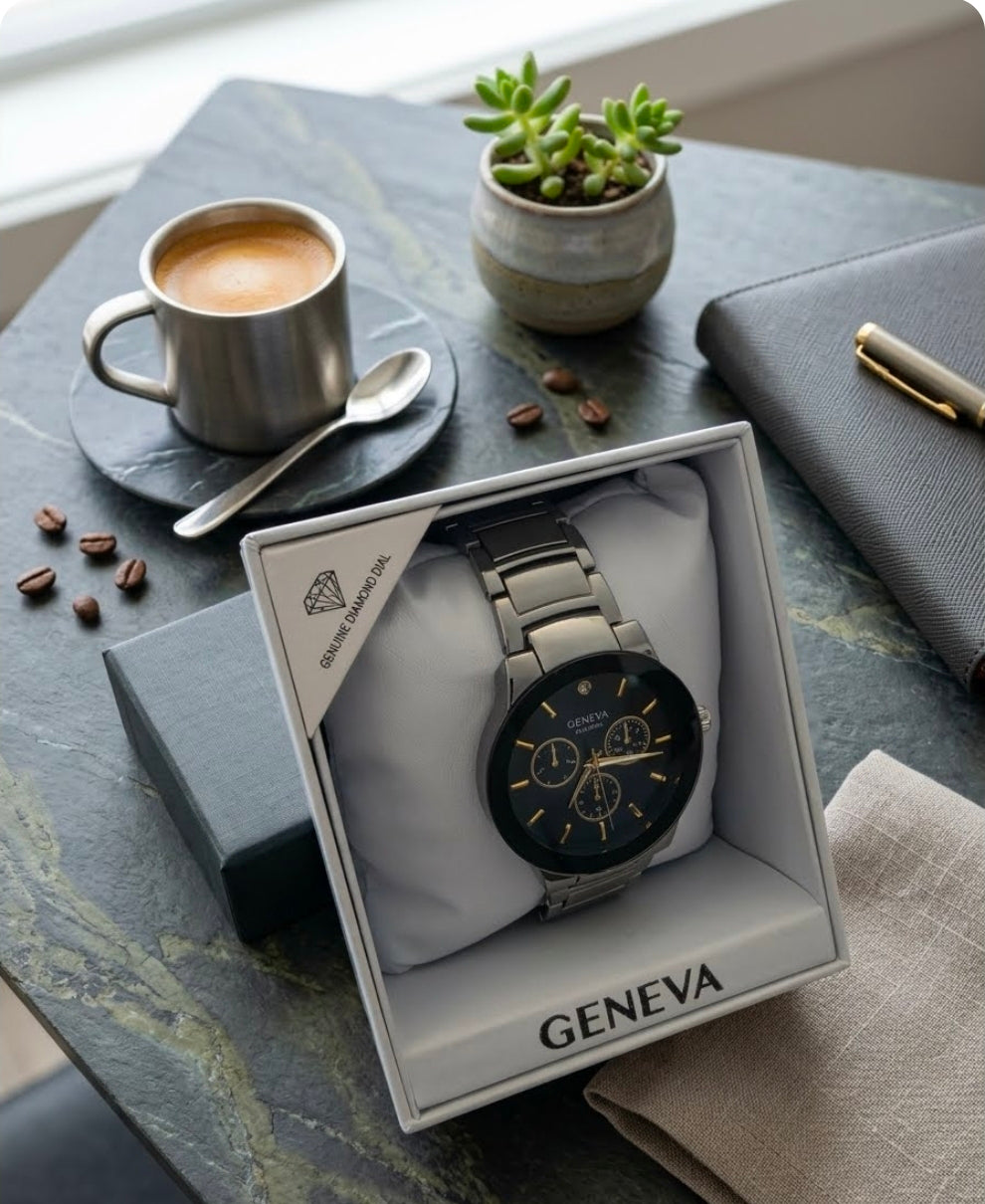 Reloj analógico de cuarzo para hombre de la marca Geneva, diseñado como un accesorio de vestir elegante y de costo accesible.