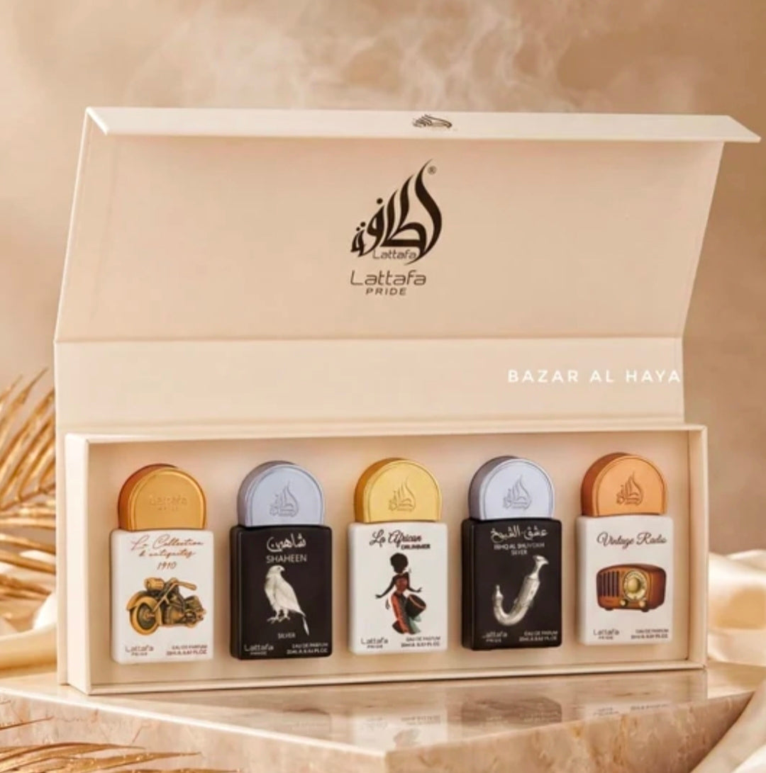 Lattafa Pride Discovery Set (Collection No. 5), un set de regalo premium de la prestigiosa casa árabe Lattafa. El set incluye 5 fragancias miniatura en formato de 20 ml cada una (todas en concentración Eau de Parfum).