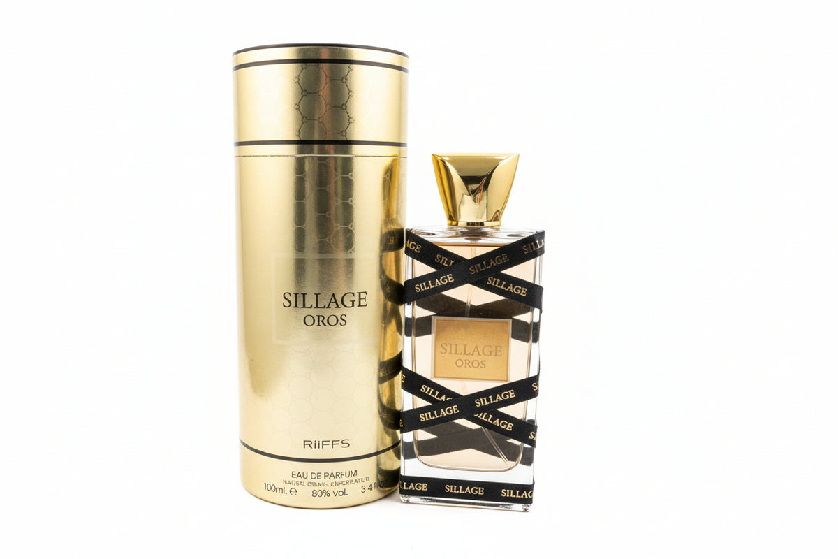 Sillage Oros de la casa RiiFFS Perfumes, Esta fragancia destaca por una evolución compleja que mezcla la frescura inicial con un fondo dulce y elegante.