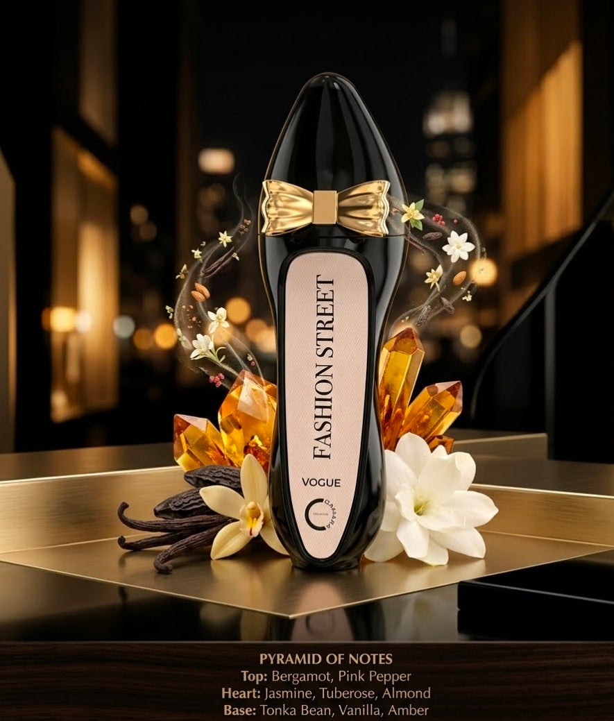 Fashion Street Vogue de Camara Perfumes es un Eau de Parfum de 100 ml,  diseñado exclusivamente para mujeres. Es un aroma de la familia Floral Gourmand, ideal para mujeres que disfrutan de combinaciones dulces, sensuales y cremosas. 100 % Original.