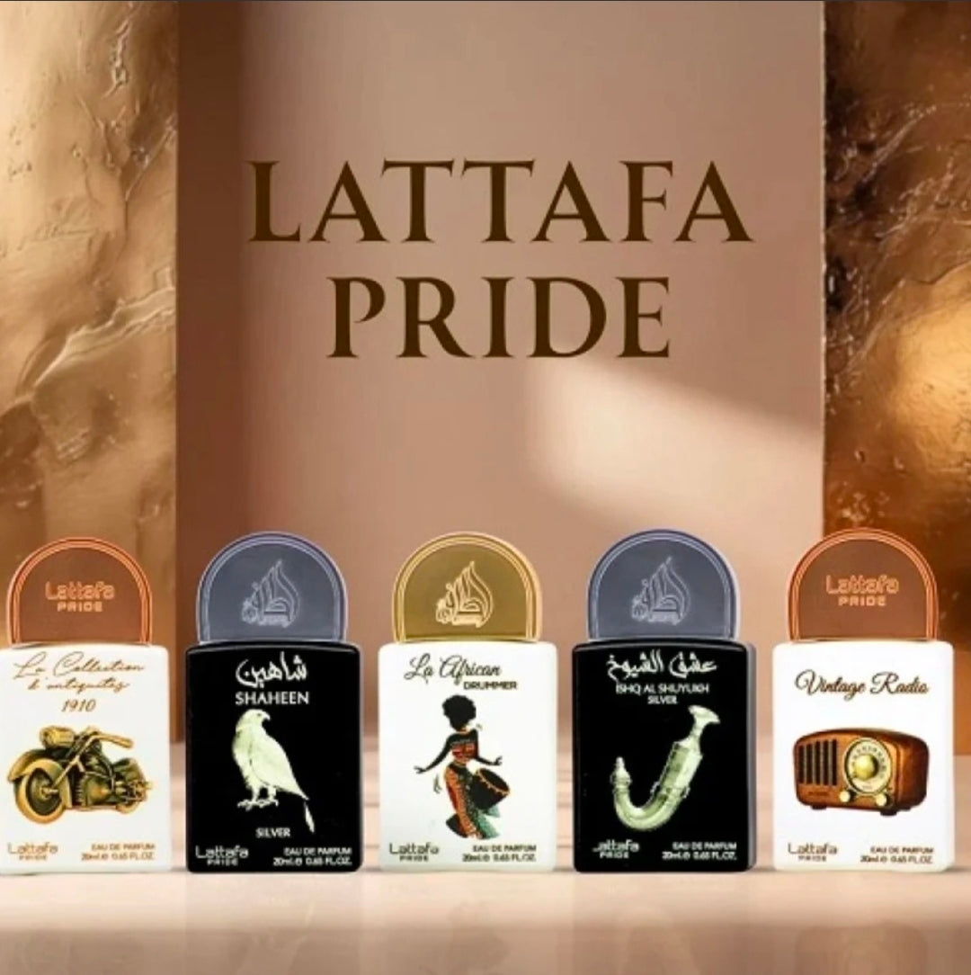 Lattafa Pride Discovery Set (Collection No. 5), un set de regalo premium de la prestigiosa casa árabe Lattafa. El set incluye 5 fragancias miniatura en formato de 20 ml cada una (todas en concentración Eau de Parfum).