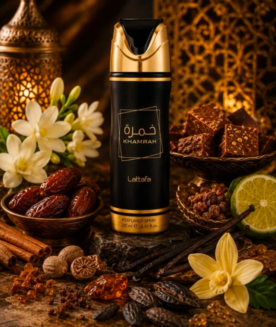 Lattafa Khamrah Perfumed Deodorant Spray para el cuerpo. Toques sumamente dulces y cremosos de praliné y dátiles, mezclados con ligeros matices florales de nardo y lirio de los valles.💖✨️