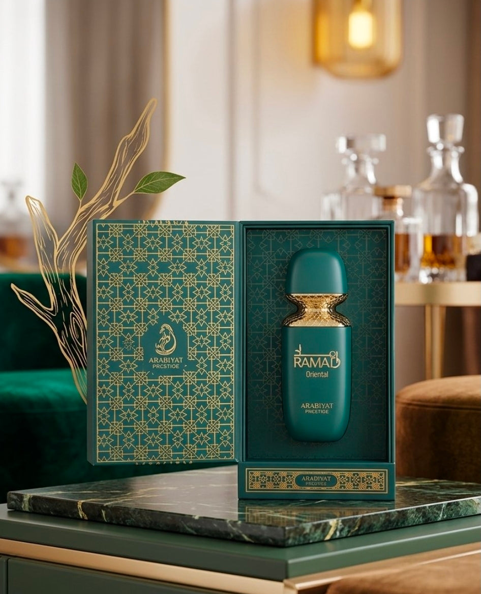 Ramad Oriental de la casa Arabiyat Prestige. Es una fragancia unisex de la familia olfativa Oriental Amaderada que destaca por su carácter cálido, especiado y resinoso.Azafrán, pachulí, comino, geranio y jazmín.